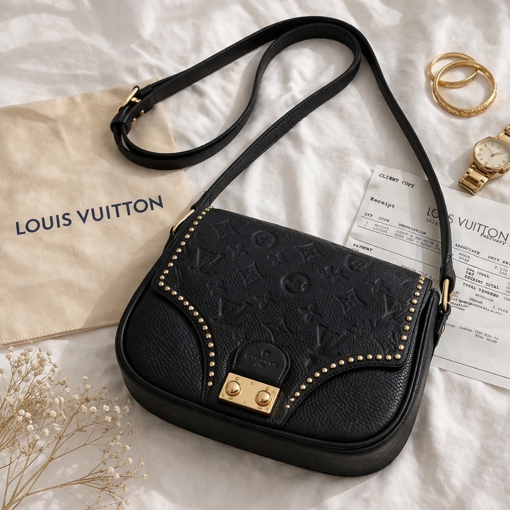 Louis Vuitton Black Leather Crossbody with Gold-Tone Studs